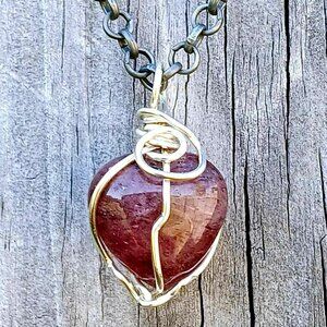Strawberry Quartz Crystal Heart Pendant Necklace, Gemstone Dainty, 16"